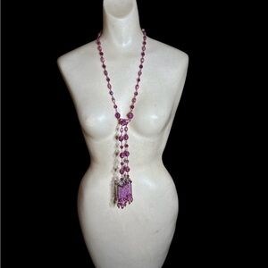 Vintage Art Deco Style 1950s Pink West German Glass Lariat Tassel Wrap Necklace